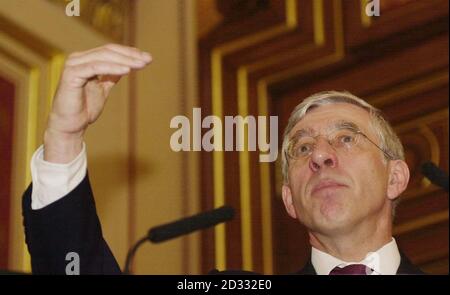 Foreign Secretary Jack Straw speaking at the Foreign Office in London's Whitehall, where he said that the proposed new constitution for the European Union will put power firmly in the hands of national governments, rather than transfer it to Brussels as critics have claimed. According to Mr Straw, the constitution makes clear for the first time that the nation state is the 'anchor of the Union' and the source of its democratic legitimacy. Stock Photo