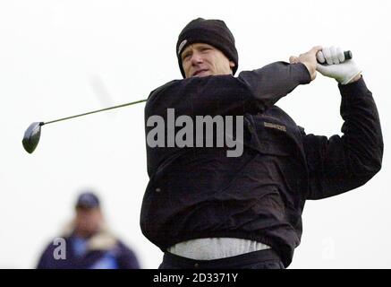 Former Manchester United and Denmark goalkeeper Peter Schmeichel in action during the first round of the celebrity pro-am in the Dunhill Links Championships at Carnoustie. Stock Photo