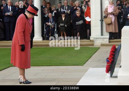 The Queen attended the Rededication of the Air Forces Memorial at Runnymede, a reminder of the smae duty she performed 50 years ago to the day.  In her words ' she graciously returns to pay homage to the Runnymede memorial's fifty years as a place of commemoration and rememberance'. Stock Photo