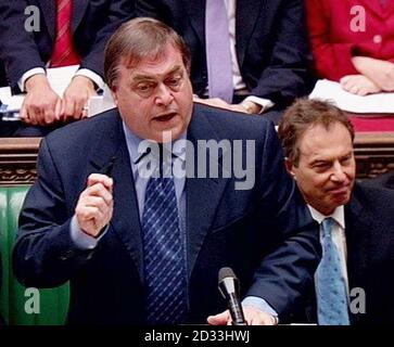 Prime Minister Tony Blair listens as his deputy, John Prescott, answers a question in the House of Commons, London, during his Question Time.  Stock Photo