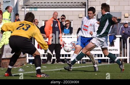 Hartlepool's scorer Adam Body fires in a shot, during the Nationwide Division Two match against Plymouth Argyle at Victoria Park, Hartlepool. This picture can only be used within the context of an editorial feature. NO UNOFFICIAL CLUB WEBSITE USE. Stock Photo