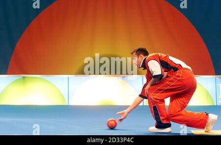 World Number One, Indoor bowls champion Scotland's David Gourlay in action against Chrisite Grahame of Canada, during the BUPA Care Homes Open Bowls Championship at the Norbreck Castle hotel in Blackpool. Stock Photo