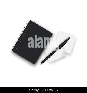 Realistic notebook with pen and stickers. Vector illustration. Stock Vector