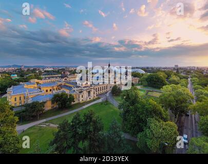 Europe, Hungary, Budapest. Aerial Photo from a thermal bath in Budapest. Szechenyi thermal bath in the city park of Budapest. Stock Photo