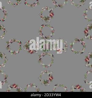 Luxury elegant design for Christmas seamless pattern in 3D illustration. Realistc floral wreath, gift box, Christmas fir on pastel background Stock Photo