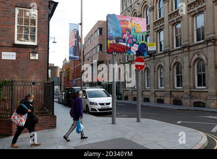 Leicester, Leicestershire, UK. 7th October 2020. Women walk in the culture quarter 100 days since the UKÕs first local coronavirus pandemic lockdown was announced in the city. Credit Darren Staples/Alamy Live News. Stock Photo