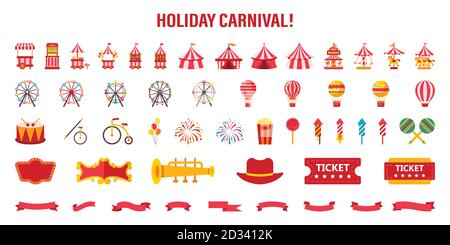 A set of different elements for a carnival or circus. Vector illustration on white isolated background Stock Vector