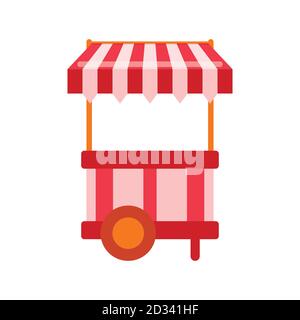 Red table on wheels and white striped awning isolated on background Stock Vector