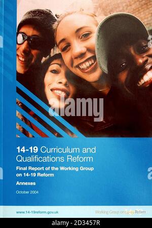 Front cover of the 14-19 Curriculum and Qualifications Reform, which was presented during a press briefing in London. GCSEs and A-Levels should be replaced with a new diploma system, according to a blueprint for the most radical shake-up of English education for more than half a century published today. Former Chief Inspector of Schools Mike Tomlinson called for wide-ranging reforms to the qualifications that 14 to 19-year-olds take in order to stop teenagers dropping out of school, stretch the brightest students, and ensure that all youngsters can read, write and add up properly. Stock Photo