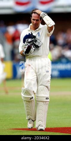 England captain Michael Vaughan shows his frustration after being clean bowled by South Africa's Dale Steyn for 15 runs. Stock Photo