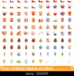 100 christmas icons set. Cartoon illustration of 100 christmas icons vector set isolated on white background Stock Vector
