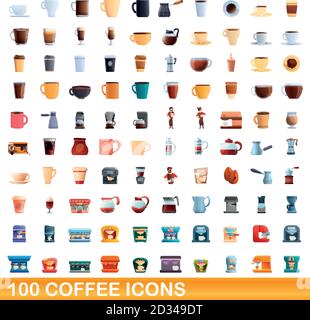 100 coffee icons set. Cartoon illustration of 100 coffee icons vector set isolated on white background Stock Vector