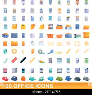 100 office icons set. Cartoon illustration of 100 office icons vector set isolated on white background Stock Vector