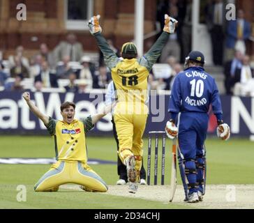 Australia's Brad Hogg celebrates taking the wicket of England's Geraint Jones. Stock Photo