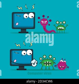 Computer virus internet security attacks. Protect your computer with antivirus, virus in a fright. Vector illustration on blue background Stock Vector