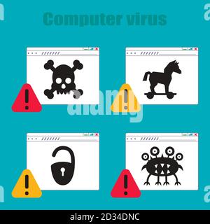 Set of icons on the theme of computer viruses, Trojan horse, castle, virus, skull on the Internet page. Vector illustration Stock Vector