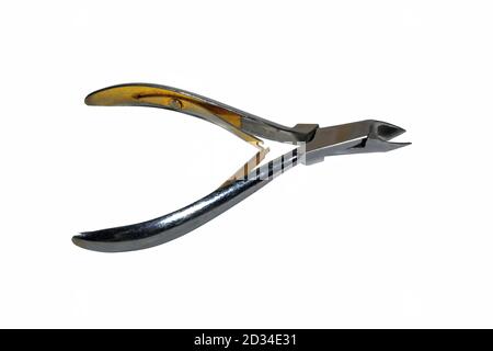 Stainless steel nail nippers isolate on white background close-up. Stock Photo