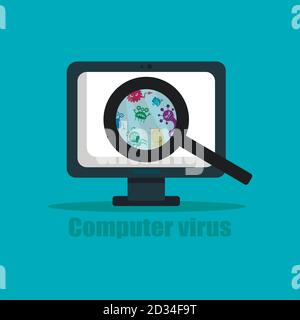 Computer under the threat of a virus, viruses under a magnifying glass, search for computer errors. Vector illustration Stock Vector