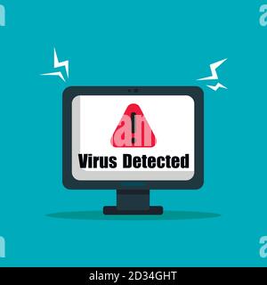 Computer virus warning, red sign, vector illustration on a blue background Stock Vector