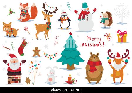 Set of Christmas and New Year elements with animals and Santa. Vector illustration Stock Vector