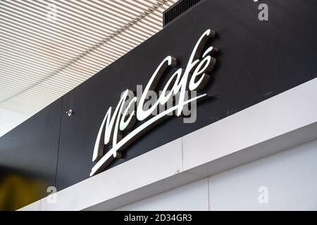 McCafe logo, a coffee-house-style food and beverage chain owned by McDonald's, seen in Shenzhen. Stock Photo