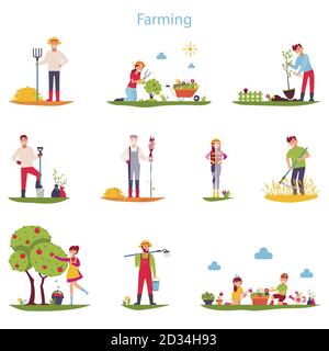 Flat vector set of character farmers working outdoors. People do gardening and farming Stock Vector