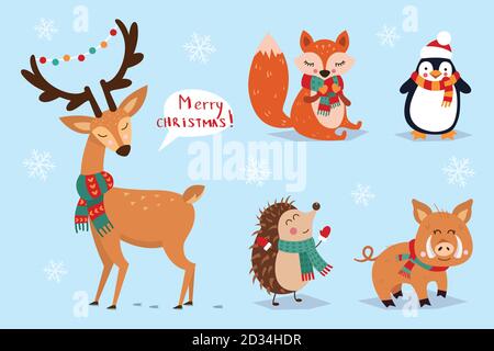 Christmas set, hand drawn style - calligraphy, animals and other elements. Vector illustration Stock Vector