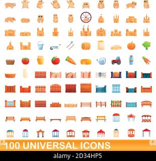 100 universal icons set. Cartoon illustration of 100 universal icons vector set isolated on white background Stock Vector
