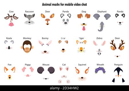 A collection of video chat application effects. A bunch of cute and funny faces or masks of various animals. Colorful vector illustration Stock Vector