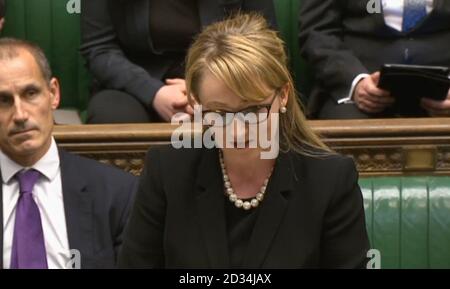 Shadow Business Secretary Rebecca Long-Bailey asking an urgent question in the House of Commons, London to Business Secretary Greg Clark on Peugeot's proposal to buy General Motors' European operation, which includes Vauxhall. Stock Photo