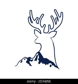 Vector mountains logo with deer illustration isolated on white background Stock Vector