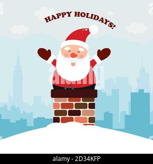 Santa Claus is sitting on a pipe for Christmas. Vector illustration on city background Stock Vector