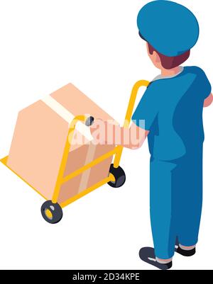Postman take parcel cart icon. Isometric of postman take parcel cart vector icon for web design isolated on white background Stock Vector