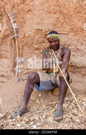 Portrait of a Hadza hunter. The Hadza, or Hadzabe, are an ethnic group in north-central tanzania, living around Lake Eyasi in the Central Rift Valley Stock Photo