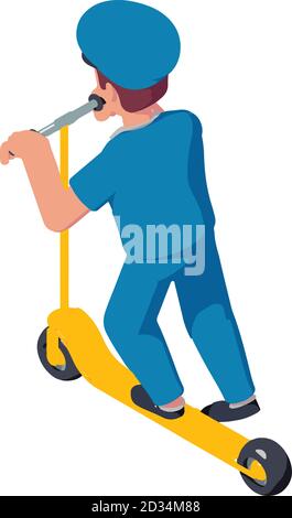 Postman ride kick scooter icon. Isometric of postman ride kick scooter vector icon for web design isolated on white background Stock Vector
