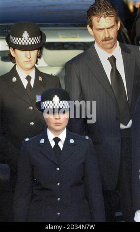 Archive file, Paul Beshenivsky, husband of murdered police officer Sharon Beshenivsky, stands with her former colleague WPC Teresa Milburn at her funeral at Bradford Cathedral. Stock Photo