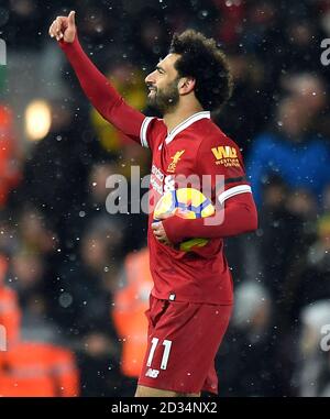 Liverpool's Mohamed Salah applauds the fans after the Premier League
