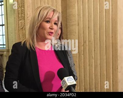 Sinn Fein's vice president Michelle O'Neill speaking at Parliament Buildings at Stormont in Belfast. Stock Photo