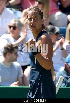 Czech Republic's Barbora Strycova reacts during her quarter final against Ukraine's Lesia Tsurenko during day five of the Nature Valley Classic at Edgbaston Priory, Birmingham. Stock Photo