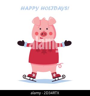 Pig skating. Figure skater. Vector illustration on white background Stock Vector