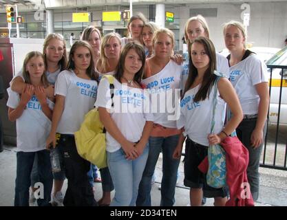 Members of the Good Luck Elite hip hop dance group, from Newquay, Cornwall, who were among the first British passengers to arrive at New York's JFK airport from the UK yesterday following the news that terrorists had allegedly been plotting to blow up transatlantic passenger jets in mid air. Stock Photo