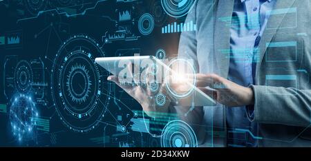 Female manager using digital tablet to analyze business and financial data, collage with interactive user interface Stock Photo