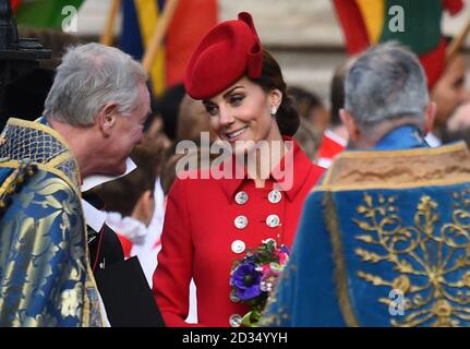 The Duchess of Cambridge leaves after attending the Commonwealth Service at Westminster Abbey, London. Stock Photo