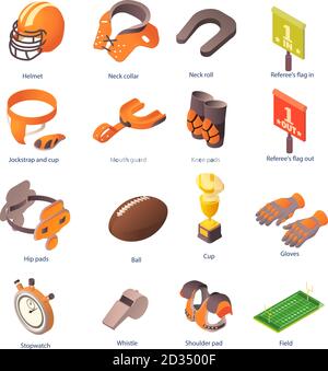 American football equipment icons set. Isometric set of american football equipment vector icons for web design isolated on white background Stock Vector