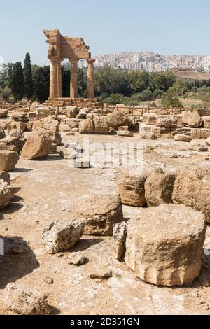 The Valley of the Temples, Temple of Castor and Pollux, agrigento Sicily. According to tradition, this small temple is called the Temple of the Dioscu Stock Photo
