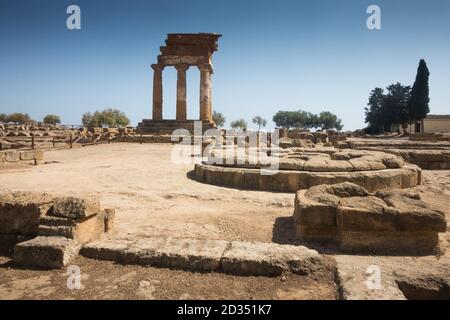 The Valley of the Temples, Temple of Castor and Pollux, agrigento Sicily. According to tradition, this small temple is called the Temple of the Dioscu Stock Photo
