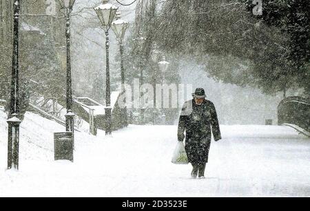 Blizzard conditions hit Buxton in the Peak District today as snowfalls cause havoc in many parts of the UK. Stock Photo