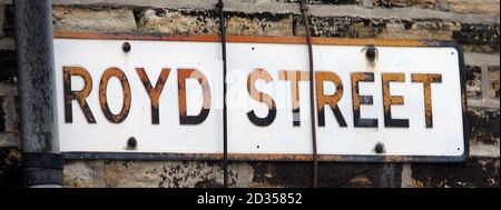 The street sign for the area where police have launched a murder inquiry today after a four-year-old boy died and a 14-year-old girl was seriously injured. Officers were called to an address in Royd Street, in Slaithwaite, Huddersfield, West Yorkshire, at 1pm. Stock Photo