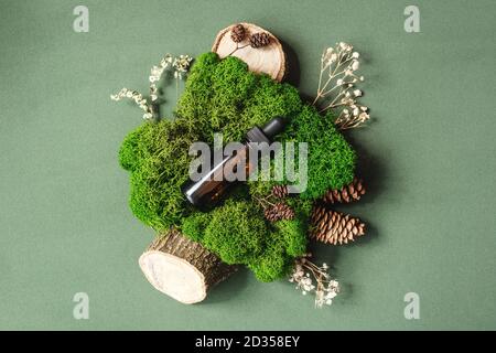 Top view of bottle with pipette in green moss on green background. Alternative medicine, herbal essence, sustainable lifestyle concept. Stock Photo