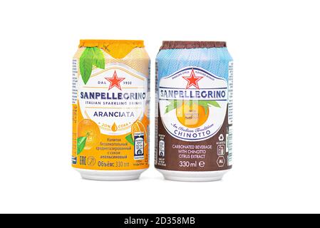 MOSCOW - OCT 07: Cans with Sanpellegrino Italian sparkling orange Juice isolated on white on October 07. 2020 in Moscow, Russia. Stock Photo